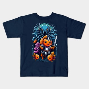 Cute Kawaii Goldfish knight Fantasy RPG Gamer Sea Octopus Kraken Kids T-Shirt